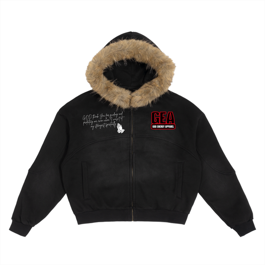 Sun Fade Boxy Detachable Fur Hoodie